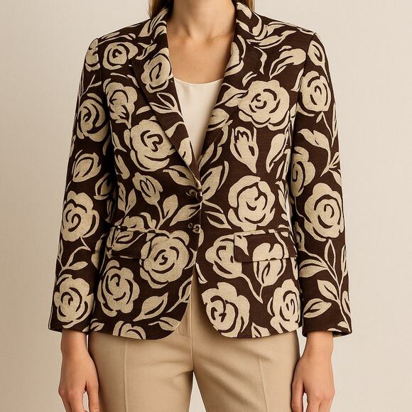 Talbots Woman Floral Jacquard Blazer 12W Brown Cream Cotton Linen Jacket - Picture 1 of 10